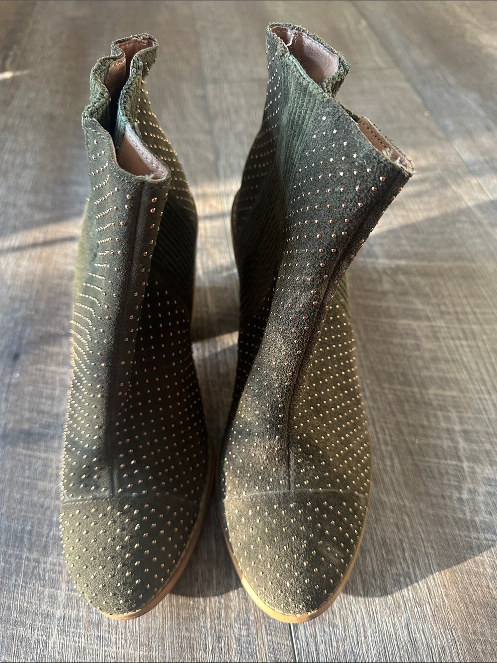 Anthropologie Olive Green Studded Stretch Ankle Booties